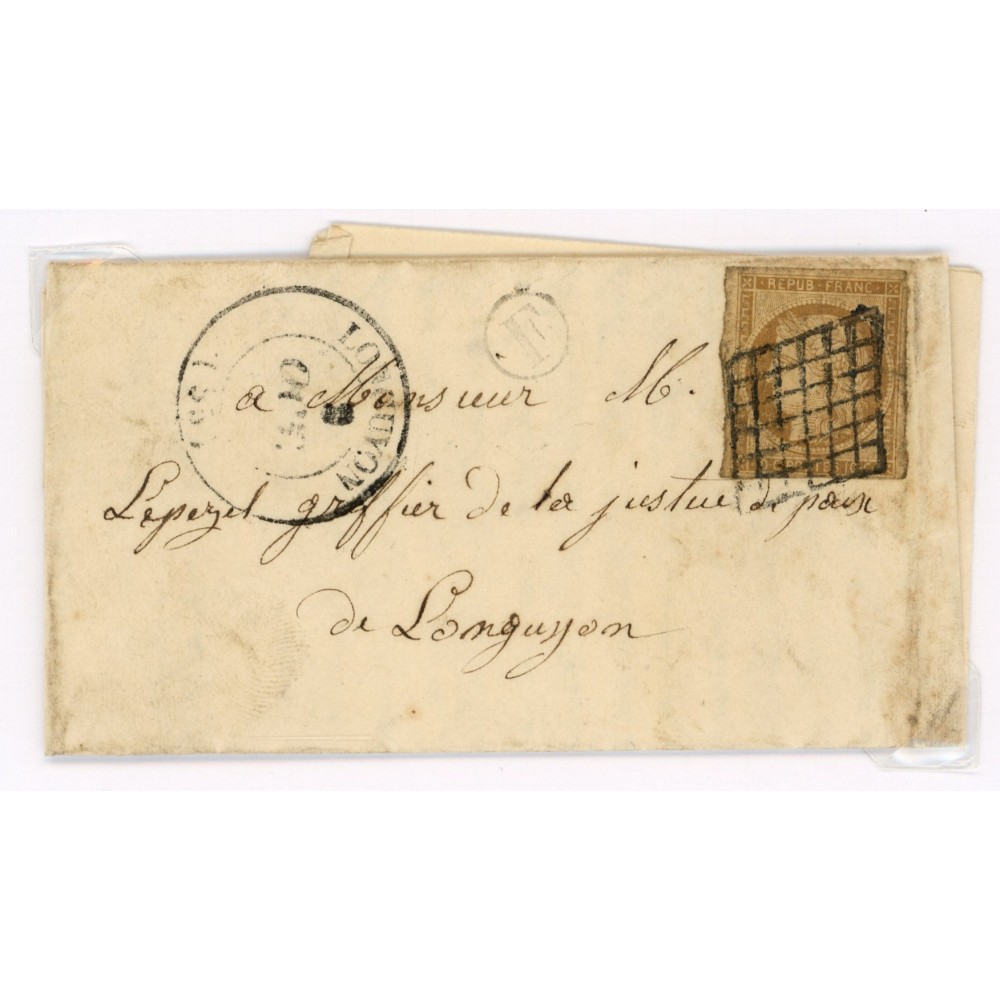 1 Oblitéré Grille - Depart Longuyon (55) -  F  dans un cercle - Cote 775 Euros