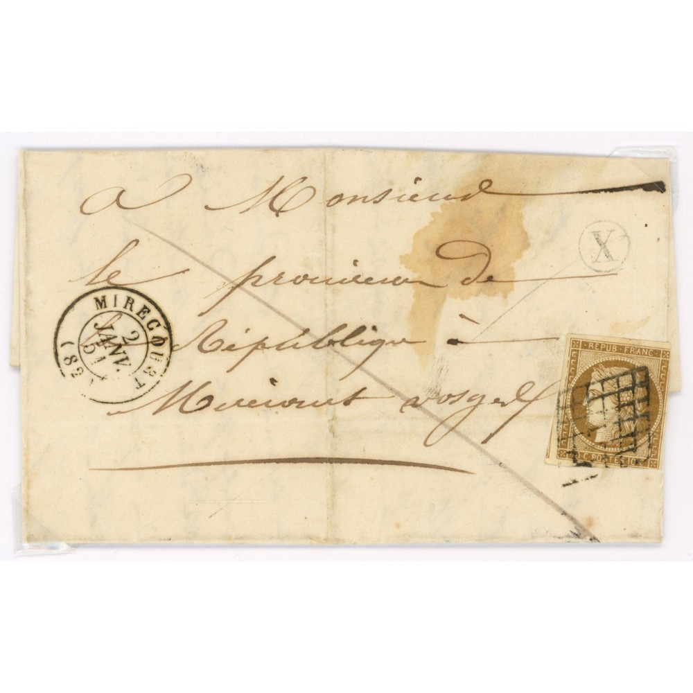 1 Oblitéré Grille du 02/01/1851 - Depart Mirecourt (82) -  X  dans un cercle - Cote 775 Euros