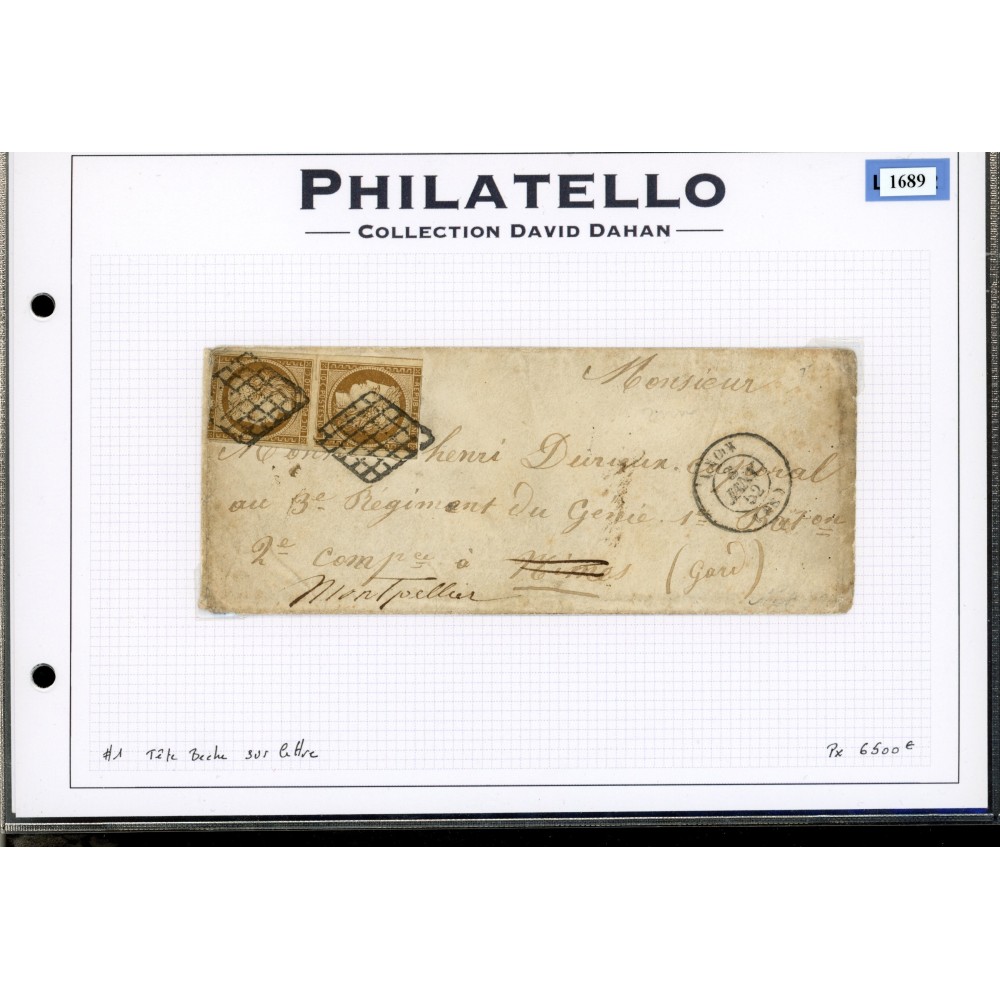 1 Oblitéré Grille du 03/01/1852 - Depart  - Tête Bêche - Cote 52000 Euros