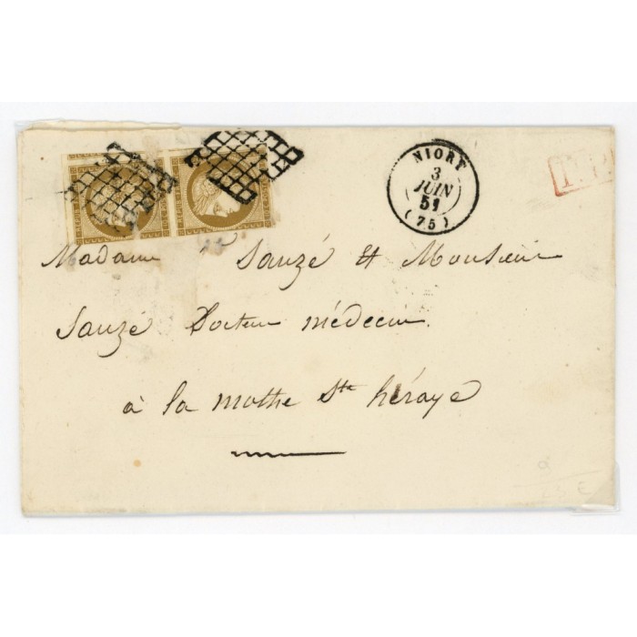 1 Oblitéré Grille du 03/06/1851 - Depart Niort (75) - Paire verticale - Cote 1500 Euros