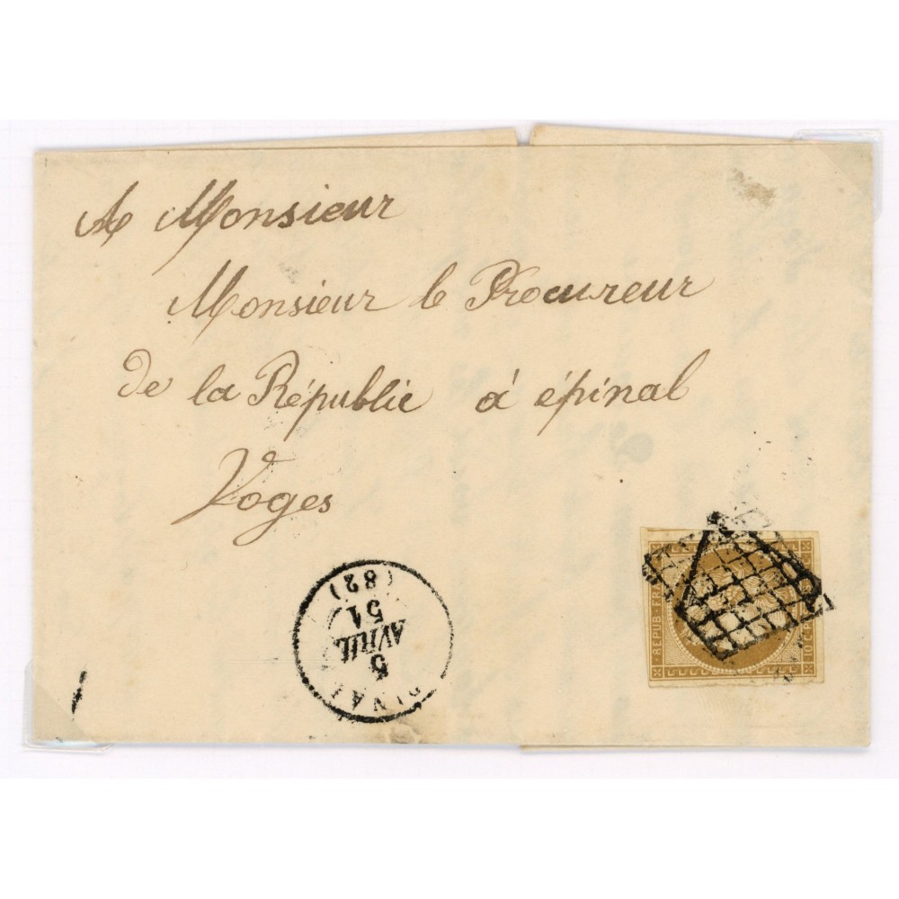 1 Oblitéré Grille du 05/04/1851 - Depart Epinal (82) - Cote 775 Euros