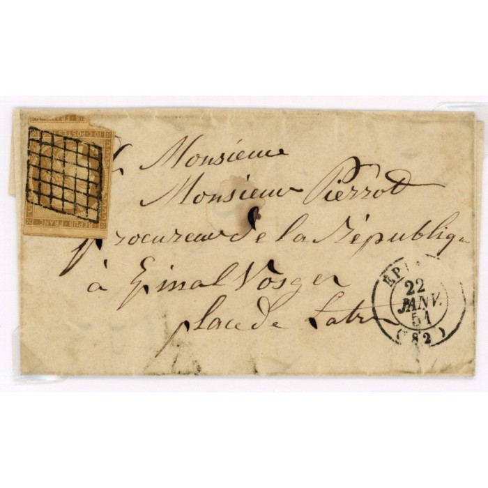 1 Oblitéré Grille du 22/01/1851 - Depart Epinal (82) - Cote 775 Euros