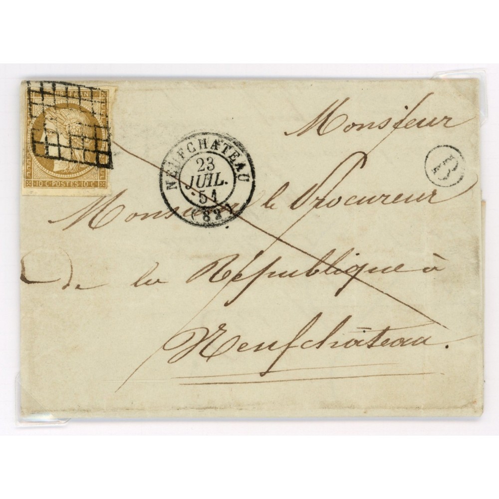 1 Oblitéré Grille du 23/07/1851 - Depart Neufchateau (82) -  B  dans un cercle - Cote 775 Euros