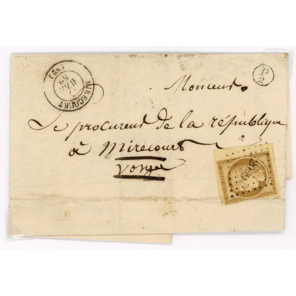 1 Oblitéré PC 2009 du 17/04/1852 - Depart Mirecourt (82) -  P2  dans un cercle - Cote 778 Euros