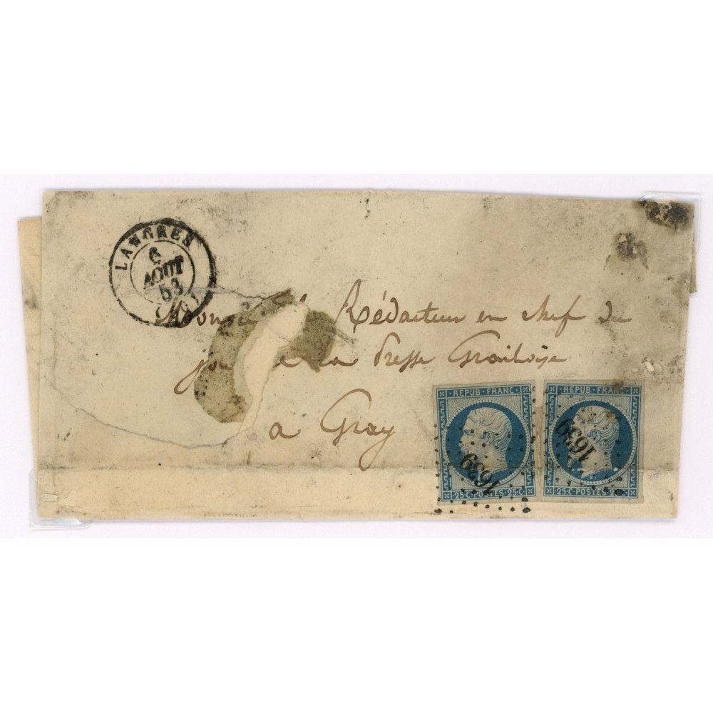 10 Oblitéré PC 1639 du 06/08/1853 - Depart Langres (50) - 2 Timbres - Cote 83 Euros