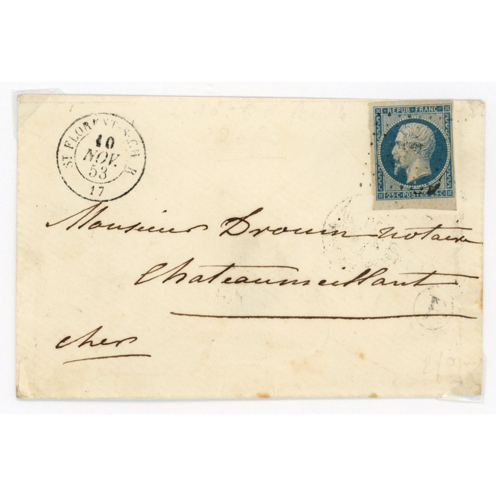 10 Oblitéré PC 3062 du 10/11/1853 - Depart St Florent Sur Cher - Bord de Feuille - Cote 116 Euros