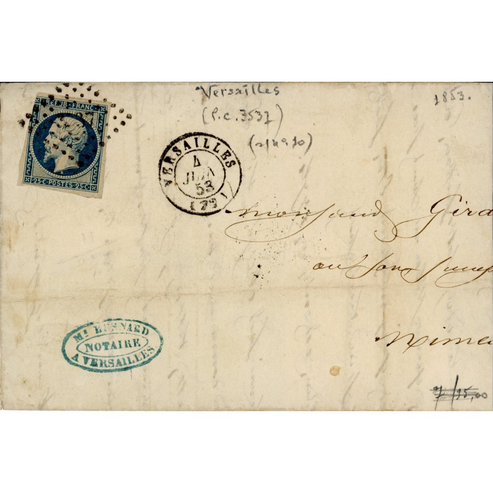 10 Oblitéré PC 3537 du 04/06/1853 - Depart Versailles (72) - Cote 83 Euros