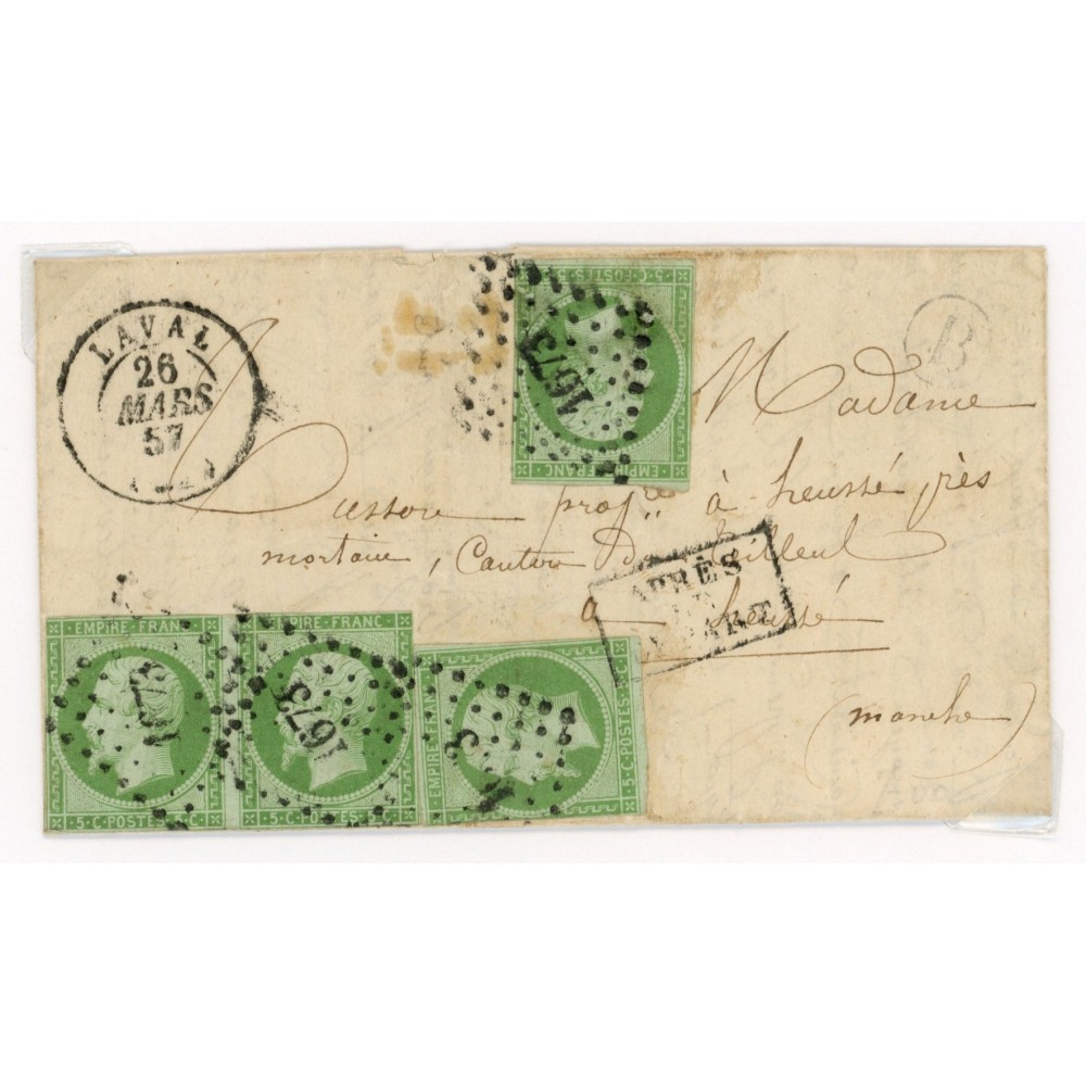12 Oblitéré PC 1673 du 26/03/1857 - Depart Laval (51) - 4 Timbres - Apres le Depart - Cote 428 Euros