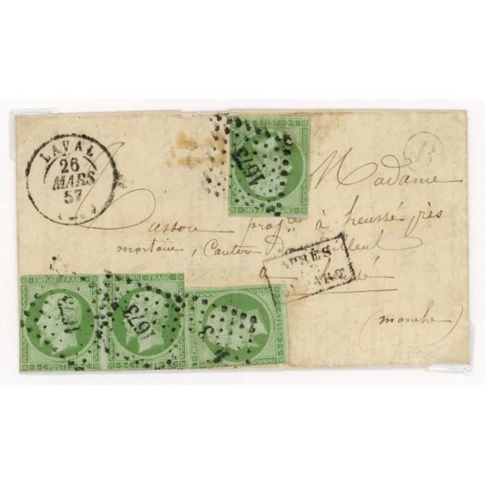 12 Oblitéré PC 1673 du 26/03/1857 - Depart Laval (51) - 4 Timbres - Apres le Depart - Cote 428 Euros