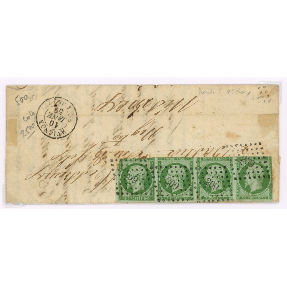 12 Oblitéré PC 209 du 10/01/1857 - Depart Avignon (86) - Bande de 4 - Cote 428 Euros