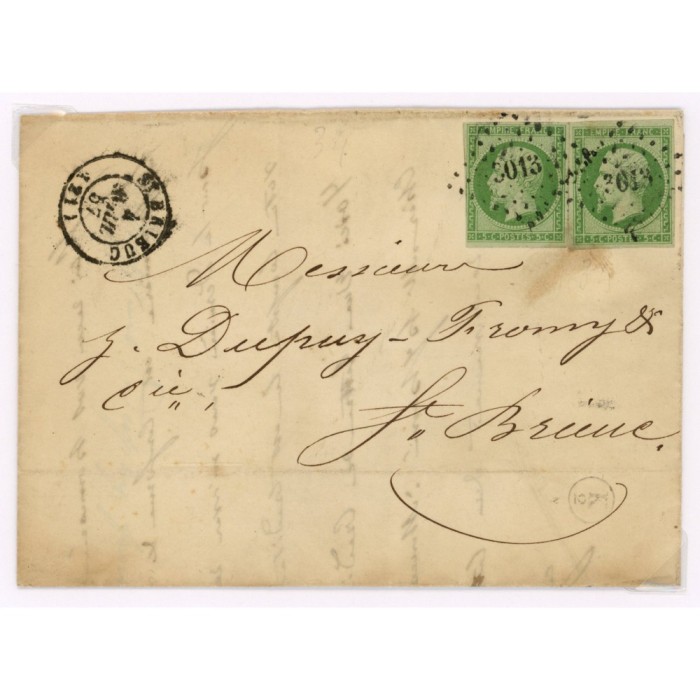 12 Oblitéré PC 3013 du 1857 - Depart St Brieuc (21) -  K2  dans un cercle - 2 Timbres - Cote 428 Euros