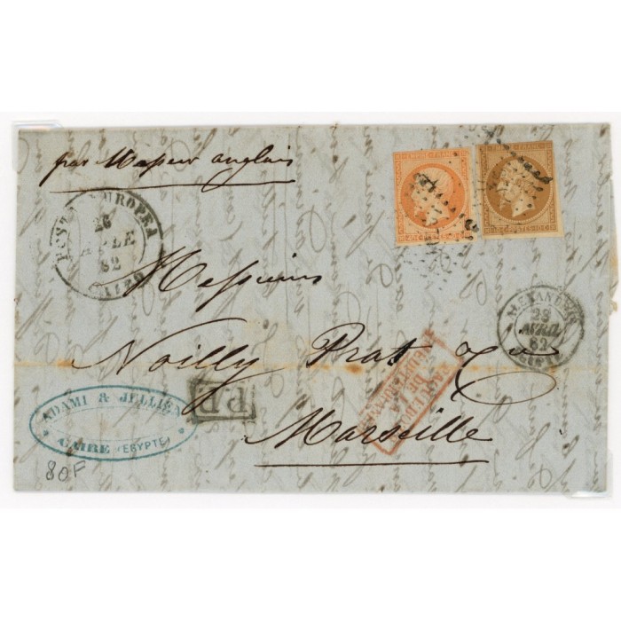 13 & 16 Oblitéré PC 3704 du 28/04/1882 - Depart Alexandrie (Egypte) -  P.P.  dans un rectangle - Paquebots - Cote 55 Euros