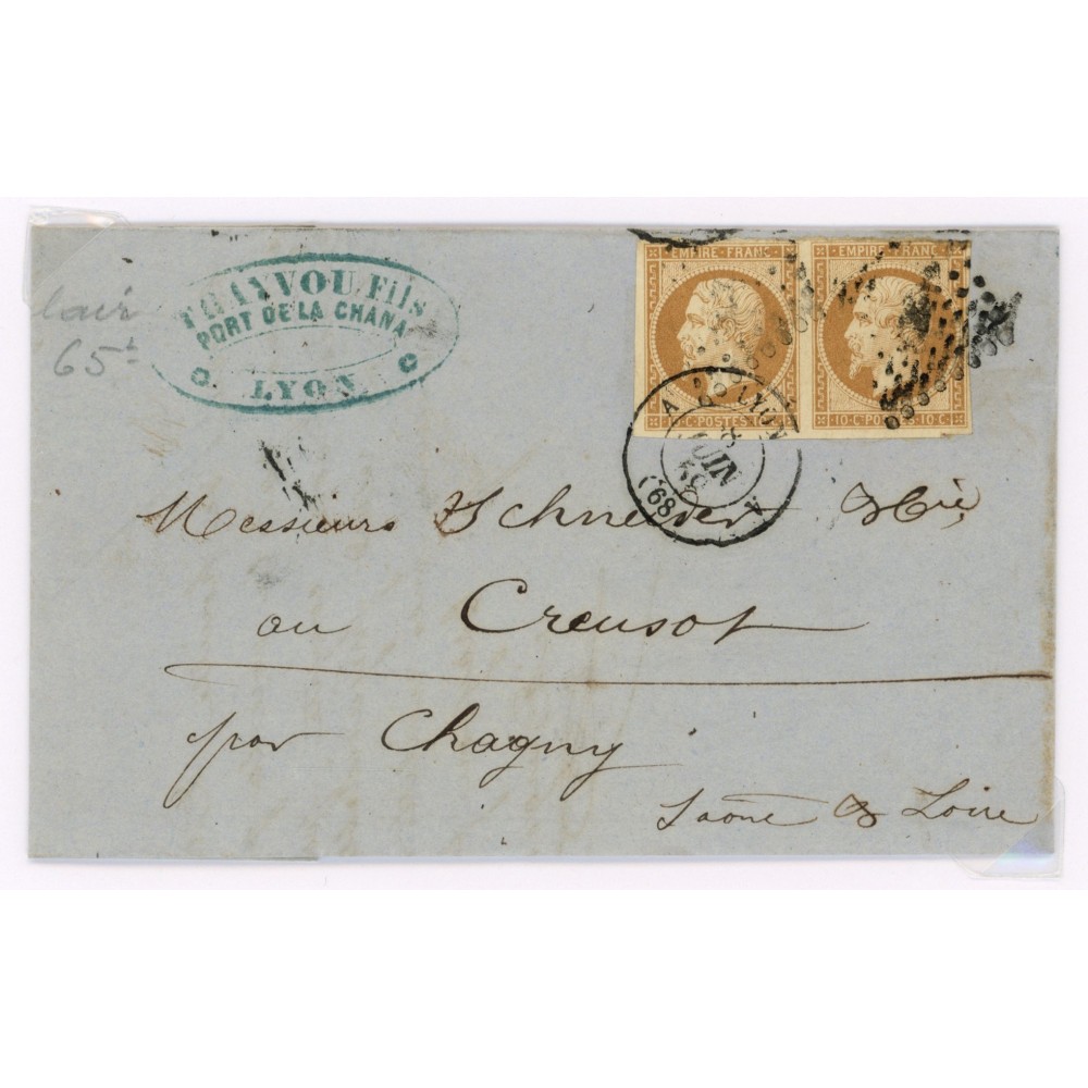 13 Oblitéré  du 08/06/1859 - Depart Lyon (68) - Paire - Cote 50 Euros