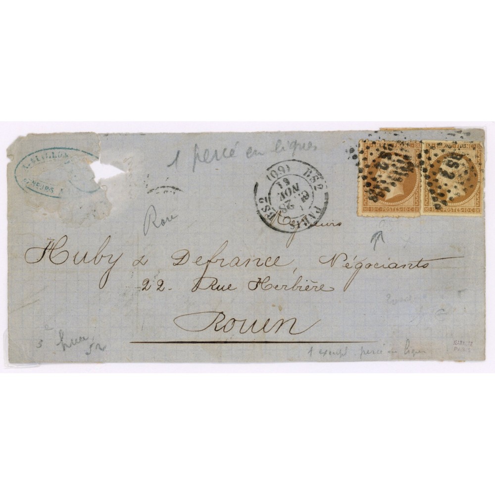 13 Oblitéré BS2 du 28/11/1861 - Depart Paris (60) - 2 Timbres dont un percé en ligne - Cote 90 Euros