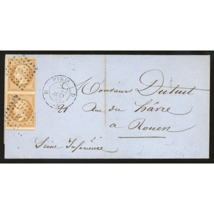 13 Oblitéré D du 22/06/1857 - Depart Paris (60) - Paire verticale - Cote 50 Euros