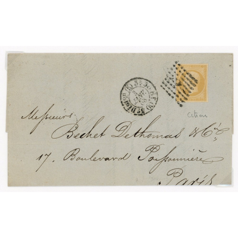 13 Oblitéré Distribution K du 03/01/1868 - Depart Paris (60) - Citron - Cote 100 Euros