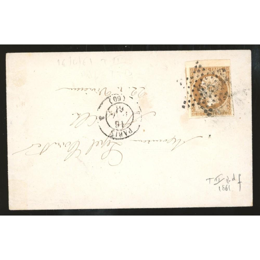 13 Oblitéré Etoile 1861 - Depart Paris (60) - Bord de Feuille - Cote 42 Euros