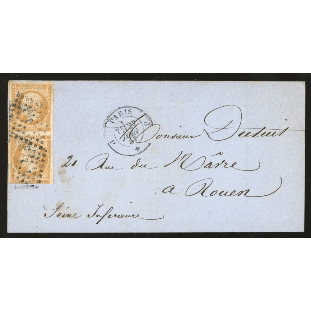 13 Oblitéré J du 27/06/1857 - Depart Paris (60) - Paire verticale - Cote 50 Euros