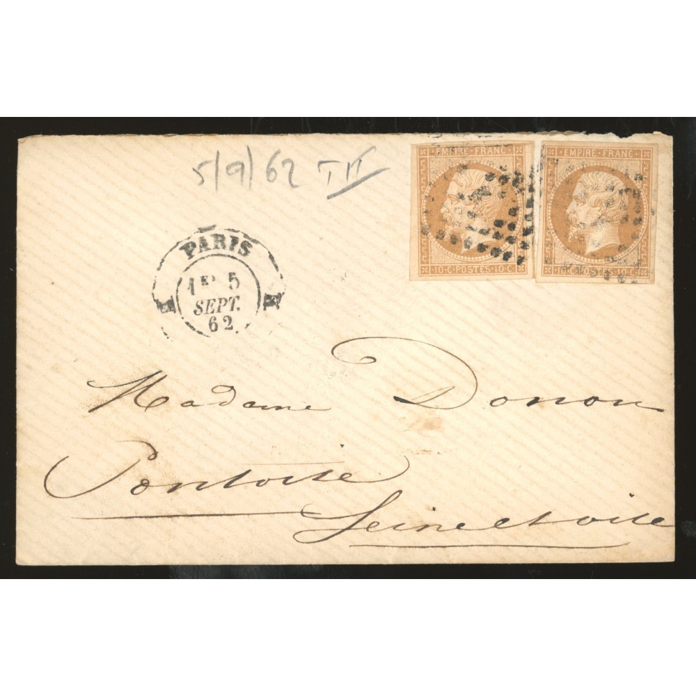 13 Oblitéré K du 05/09/1862 - Depart Paris (60) - 2 Timbres - Cote 50 Euros