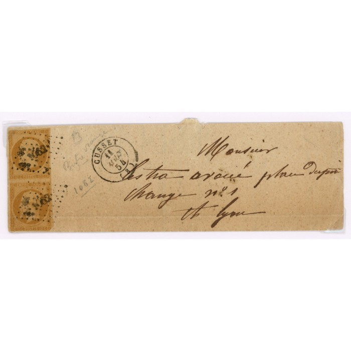 13 Oblitéré PC 1062 du 1854 - Depart Cusset (3) - Paire verticale - Cote 58 Euros