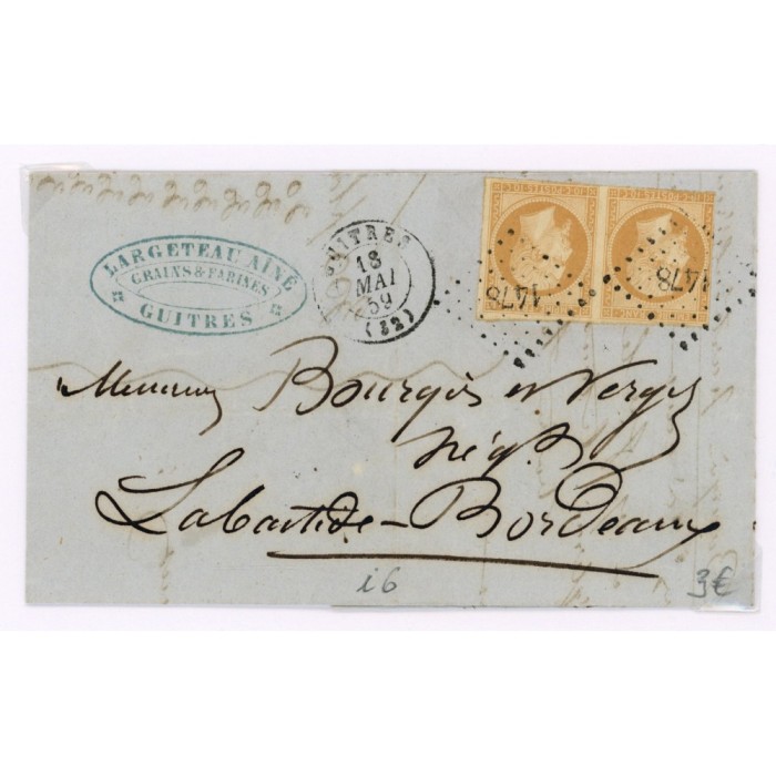 13 Oblitéré PC 1478 du 18/05/1859 - Depart Guitres (332) - Paire - Cote 65 Euros