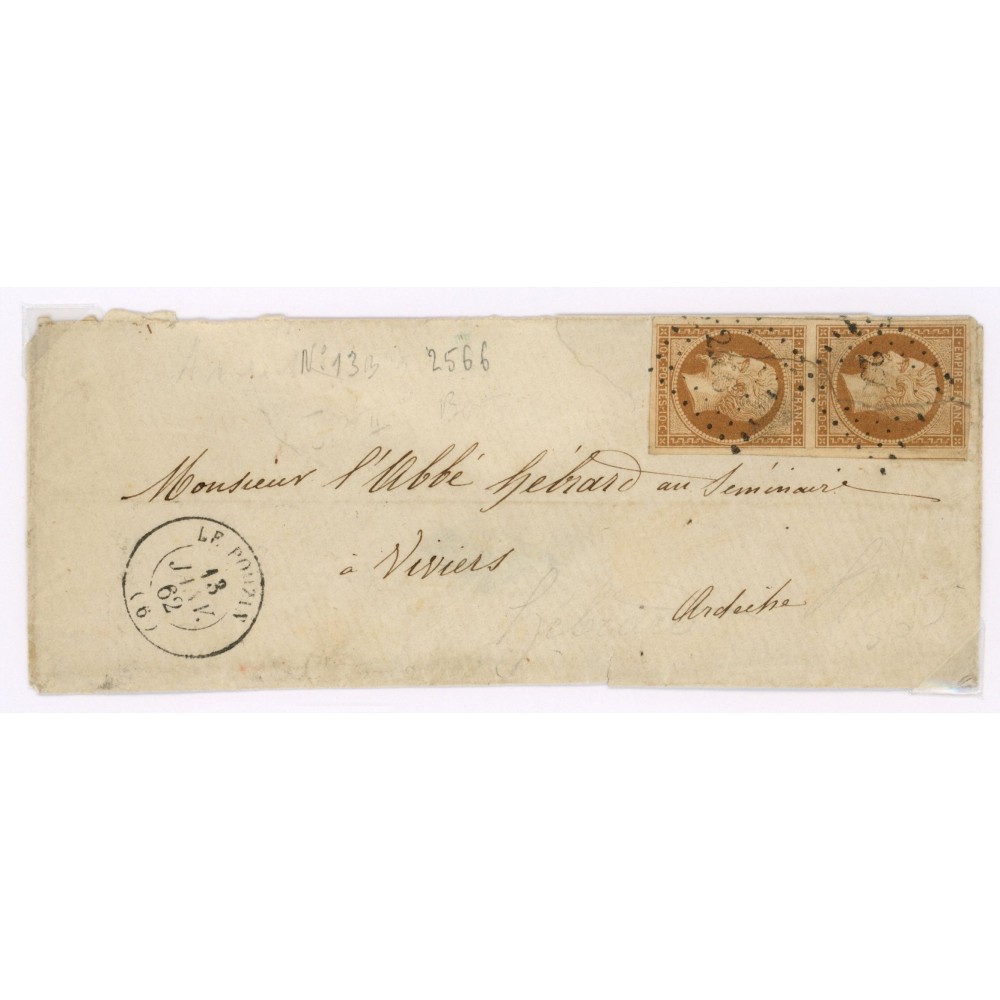 13 Oblitéré PC 2566 du 13/01/1862 - Depart Le Pouzin (6) - Paire verticale - Cote 70 Euros