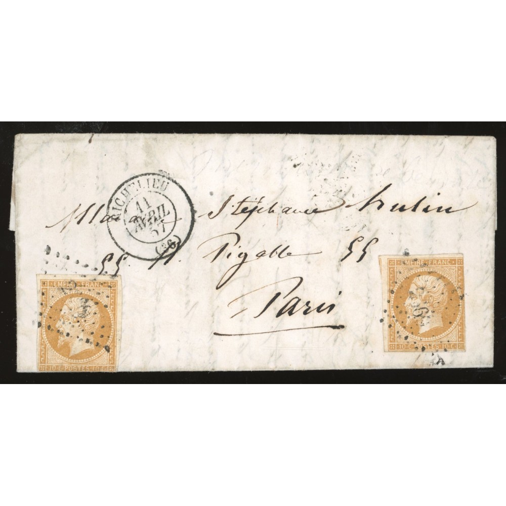 13 Oblitéré PC 2669 du 11/04/1857 - Depart Richelieu - 2 Timbres - Cote 58 Euros