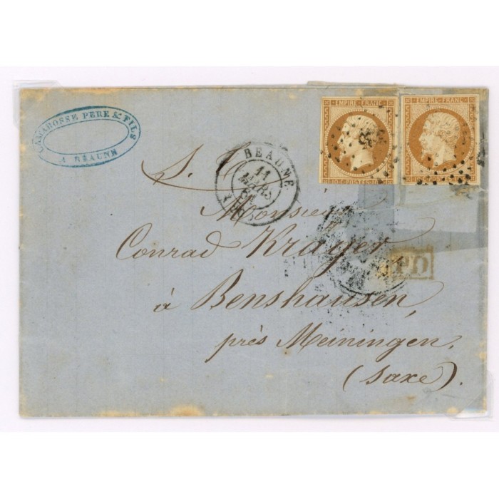 13 Oblitéré PC 325 du 11/03/1861 - Depart Beaune (20) - 2 Timbres - Cote 83 Euros