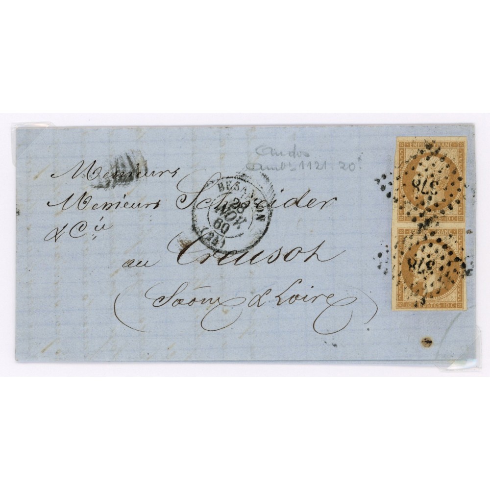 13 Oblitéré PC 378 du 28/11/1860 - Depart Besancon (24) - Paire verticale - Cote 53 Euros