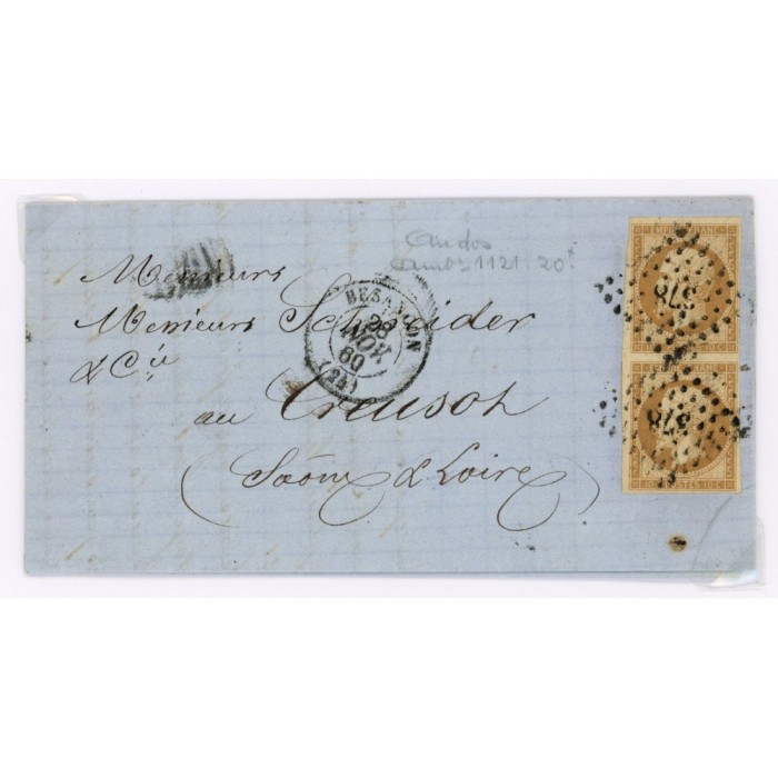 13 Oblitéré PC 378 du 28/11/1860 - Depart Besancon (24) - Paire verticale - Cote 53 Euros