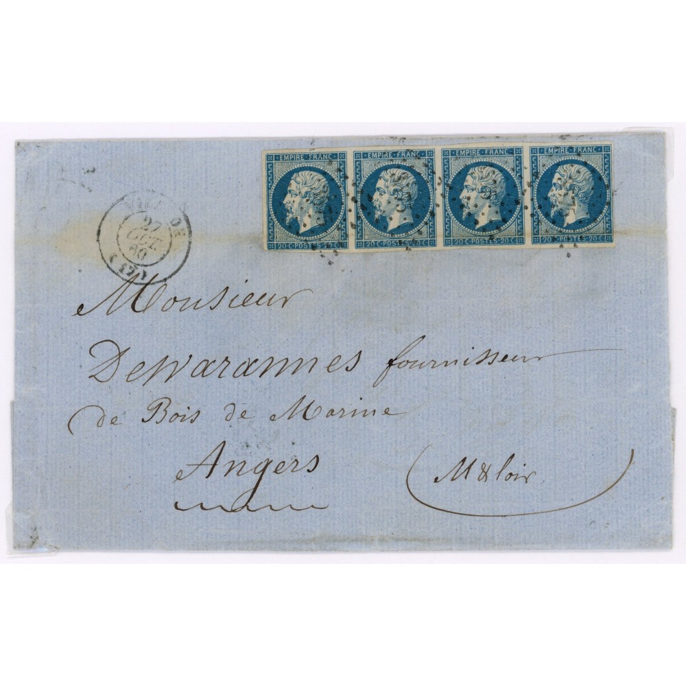 14 Oblitéré PC 3575 du 27/10/1860 - Depart Vierzon (17) - Bande de 4 - Cote 48 Euros