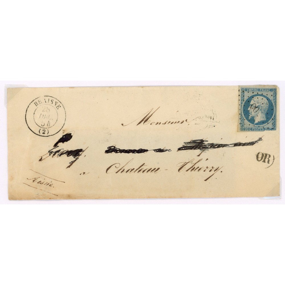 14 Oblitéré PC 500 du 28/12/1854 - Depart Braisne (2) -  OR  dans un cercle - Cote 58 Euros