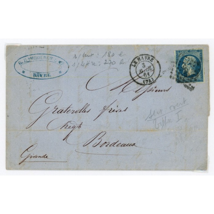 14Ad Oblitéré PC 1495 du 03/04/1861 - Depart Le Havre (74) - Bleu sur Vert - Cote 378 Euros
