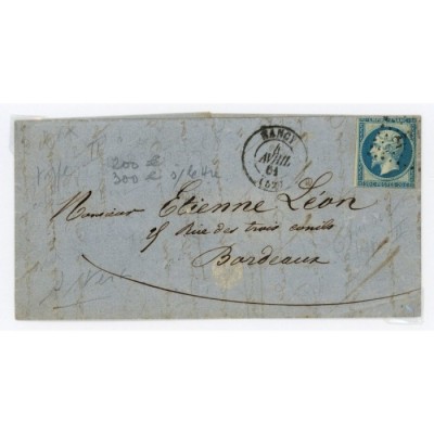 14Ba Oblitéré PC 2217 du 04/04/1861 - Depart Nancy (52) - Bleu sur Vert - Cote 403 Euros