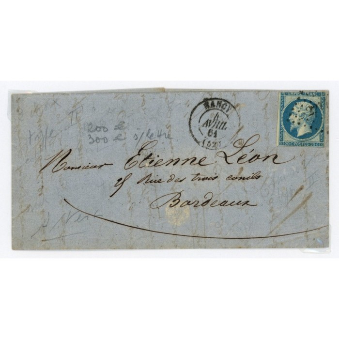 14Ba Oblitéré PC 2217 du 04/04/1861 - Depart Nancy (52) - Bleu sur Vert - Cote 403 Euros