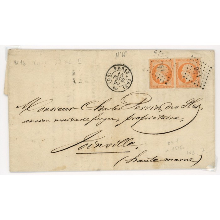 16 Oblitéré DS1 du 16/02/1859 - Depart Paris (60) - Paire - Cote 70 Euros