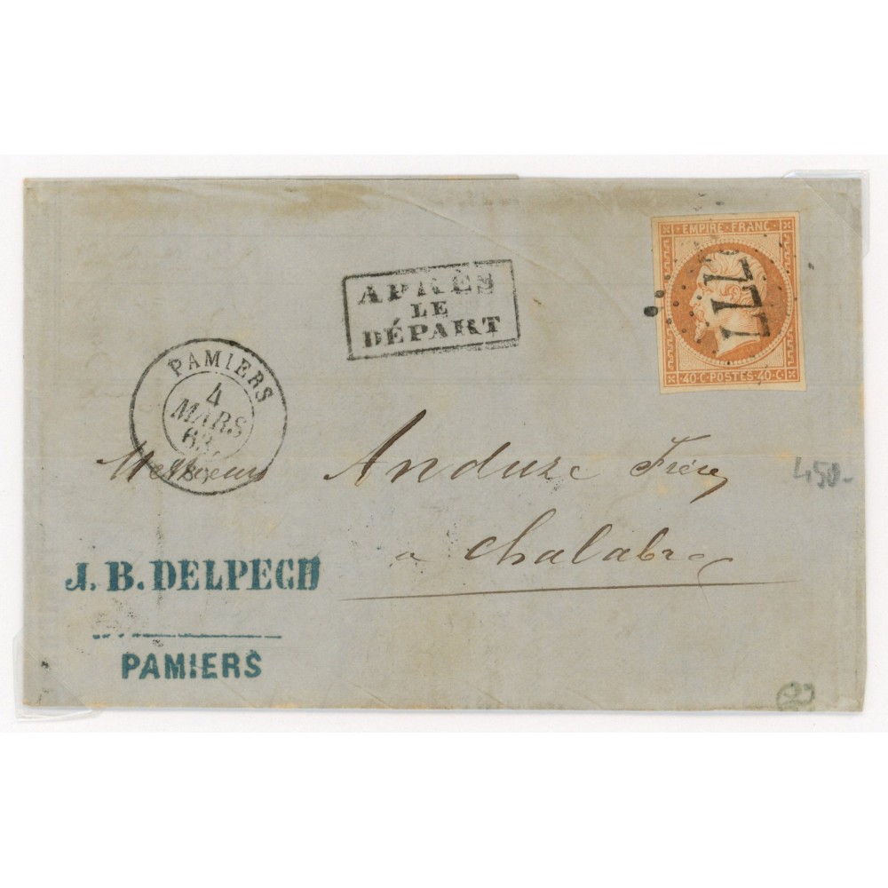 16 Oblitéré GC 2777 du 04/03/1863 - Depart Pamiers (8) - Apres le Depart - Cote 63 Euros