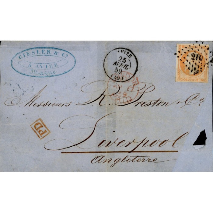 16 Oblitéré PC 210 du 25/04/1859 - Depart Avize -   - Cote 105 Euros