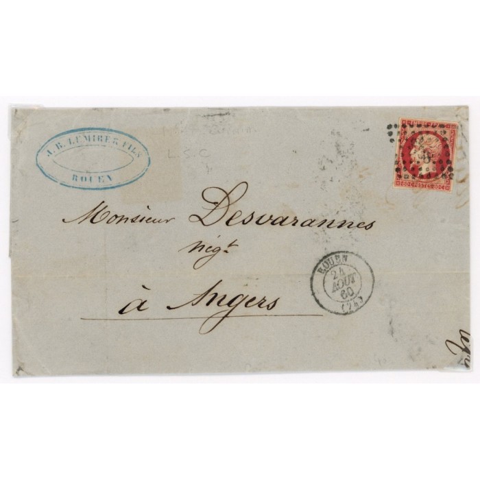 17A Oblitéré PC 2738 du 24/08/1860 - Depart Rouen (74) - Cote 153 Euros