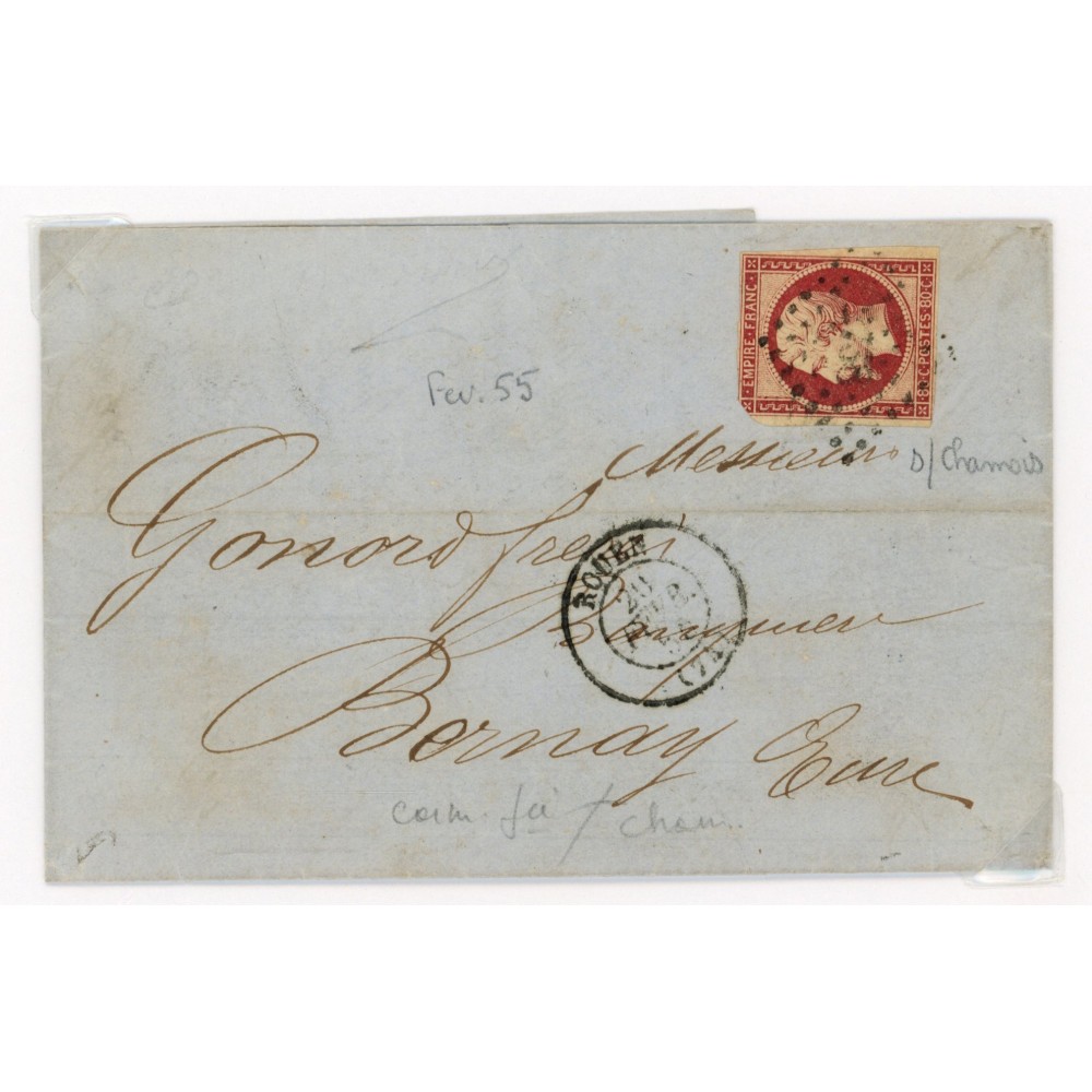 17A Oblitéré PC 2738 du Ferier 1855 - Depart Rouen (74) - Cote 153 Euros