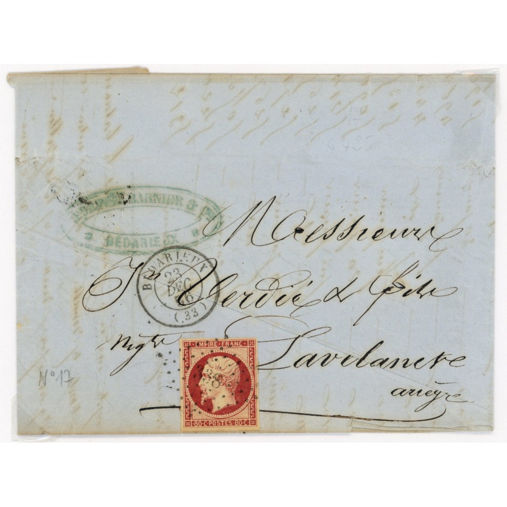17A Oblitéré PC 338 du 23/12/1856 - Depart Bédarieux (33) - Cote 153 Euros