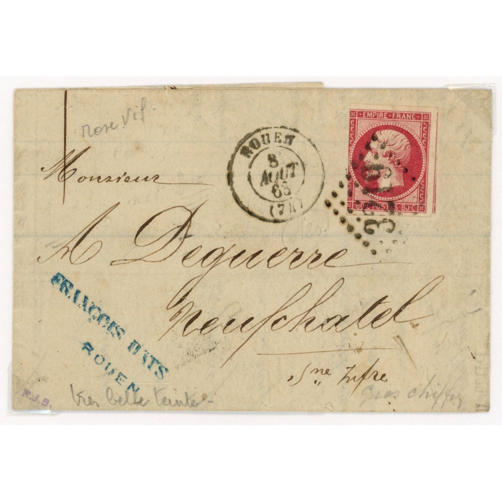 17B Oblitéré GC 3219 du 08/08/1863 - Depart Rouen (74) - Cote 153 Euros