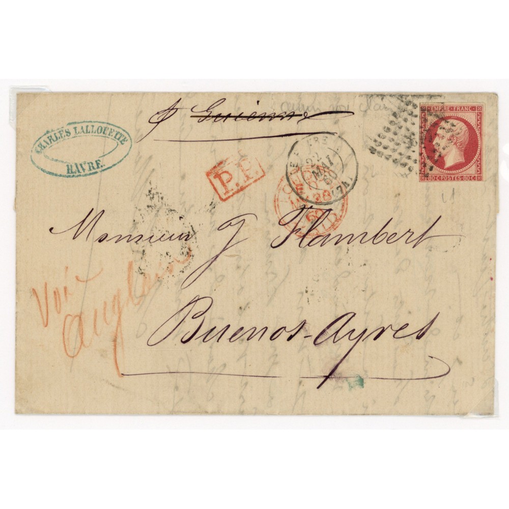 17B Oblitéré Petit Chiffre du 22/05/1860 - Depart  -  P.P.  rouge dans un rectangle - Cote 320 Euros
