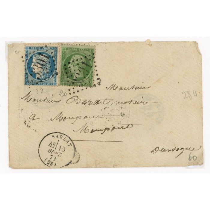 20 & 37 Oblitéré GC 3301 du 15/09/1871 - Depart Sarlat (23) - Cote 103 Euros