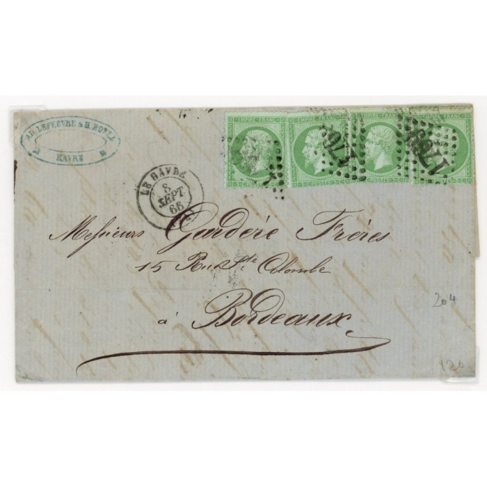 20 Oblitéré GC 1769 du 08/09/1866 - Depart Le Havre (74) - 4 Timbres - Cote 353 Euros
