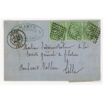 20 Oblitéré GC 2046 du 24/03/1872 - Depart Lille (57) - Bande de 3 - Cote 213 Euros