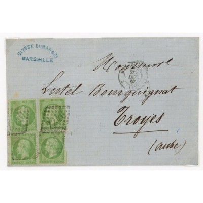 20 Oblitéré GC 2240 du 26/12/1867 - Depart Marseille (12) - 4 Timbres - Cote 353 Euros