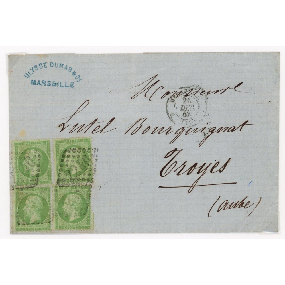 20 Oblitéré GC 2240 du 26/12/1867 - Depart Marseille (12) - 4 Timbres - Cote 353 Euros