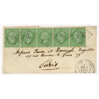 20 Oblitéré GC 268 du 01/01/1872 - Depart Ay Champagne (49) - Bande de 5 - Cote 405 Euros