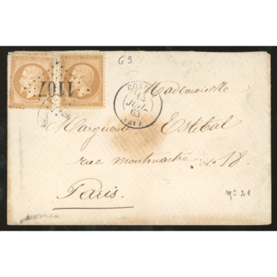21 Oblitéré GC 1107 du 14/07/1863 - Depart Condom - 2 Timbres - Cote 43 Euros